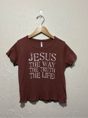 Brisco Brands brown Jesus graphic print scalloped-edge t-shirt (small youth)